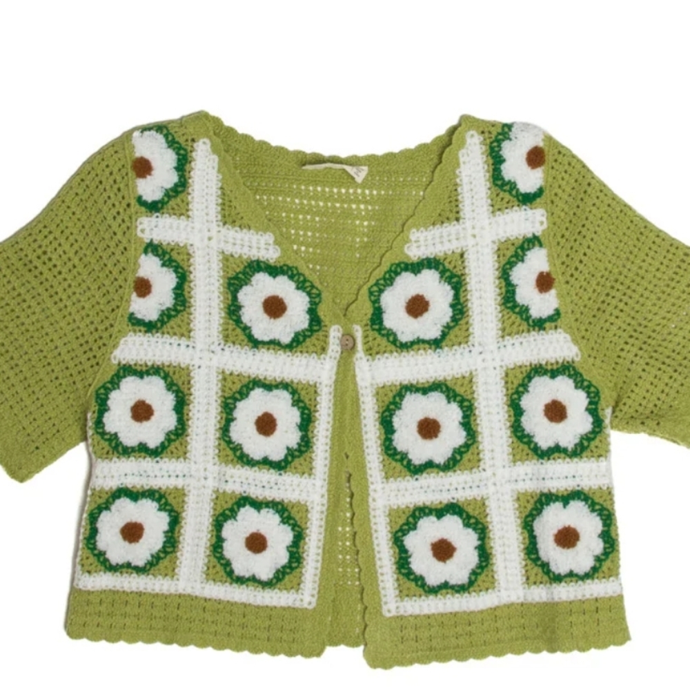 Green Floral Crochet Sweater - Picture 2 of 4